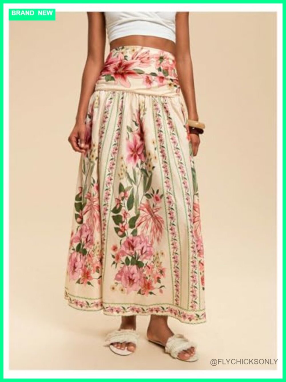 Boho Floral Print High Waisted A Line Maxi Skirt Shirred Flowy - Picture 2 of 6